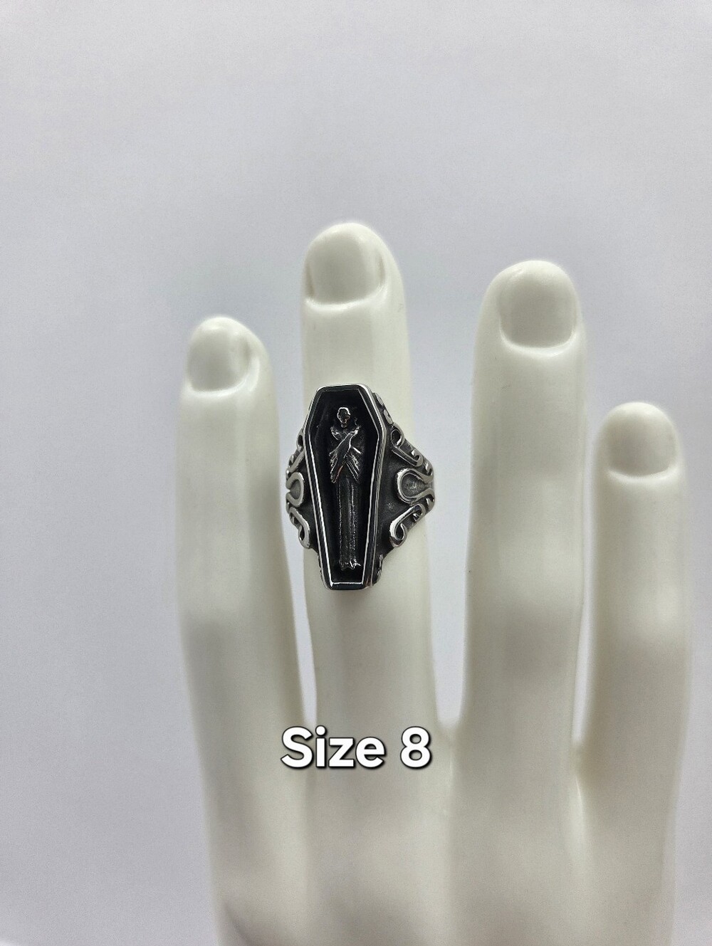 Santa Muerte Coffin Gothic Stainless Steel Ring Size 8